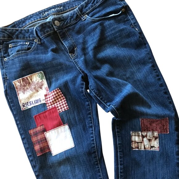 Upcycled Patched Jeans, 14 Junior: Handmade Patchwork Wine Theme Hippie Pants - Picture 11 of 11